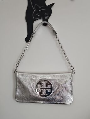 Tory Burch Metallic Silver Logo Clutch